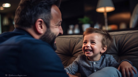 Generative AI : Happy young bearded man with little son having fun and playing with fake mustache while sitting together on sofa at homeの素材