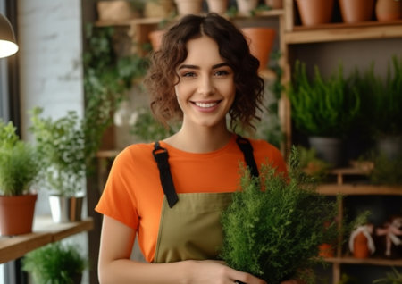 Generative AI : Happy female gardener smiling at camera and taking care of potted plants in light orangery on summer day in gardenの素材