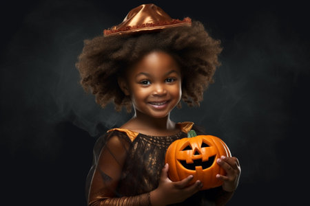 Generative AI : Happy cheerful african american boy with curly hair in pumpkin costume scary gestures and celebrates Halloween and laughs on bright blue backgroundの素材