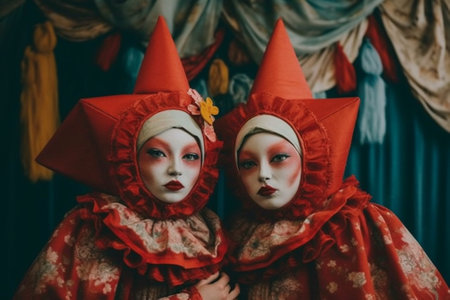 Generative AI : holiday halloween funny funny sisters twins children in carnival costumes devil on a wooden backgroundの素材