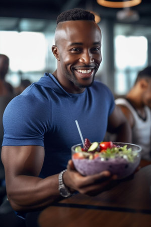 Generative AI : healthy eating happy young black man eating salad in the morning in kitchenの素材