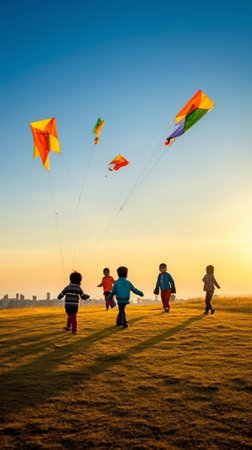 Generative AI : Happy family mother and children launch a kite on nature at sunsetの素材