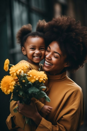 Generative AI : Little african american son congratulating mom with Mothers day at home and giving her fresh flower bouquet happy mixed race woman mother embracing son Family holidの素材