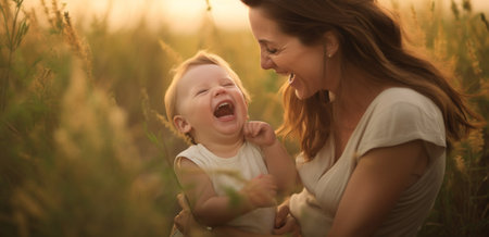 Generative AI : Happy family mother and child son laughing and playing in natureの素材