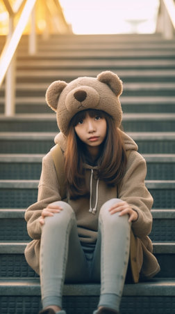 Generative AI : lonely girl teenager in hat sitting on stairs and sad autumn outdoorsの素材