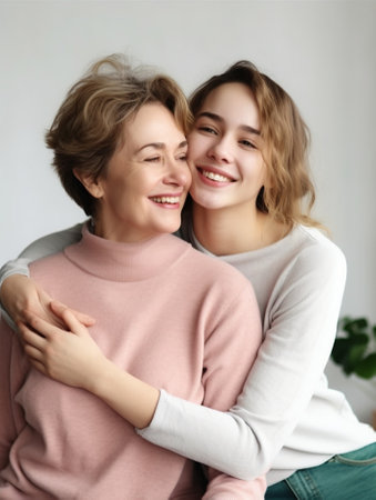 Generative AI : Positive middle aged gray haired woman and teenage daughter wearing colorful striped shirts and jeans having fun and dancing with arms raised on white backgroundの素材