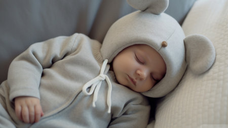 Generative AI : cute newborn baby sleeps in a mouse hat with earsの素材