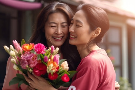 Generative AI : Cheerful young female hugging happy aged mother and giving bouquet of tulips while congratulating on mother day at homeの素材