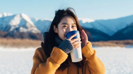 Generative AI : happy child girl with a cup of hot drink on a cold winter outdoorsの素材