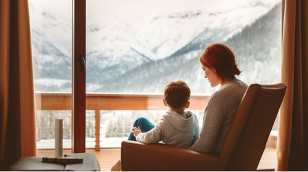 Generative AI : happy family mother reads book to child to daughter by window in winter morningの素材