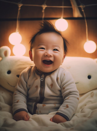 Generative AI : Happy baby laughing with teddy bear in bed in the darkの素材