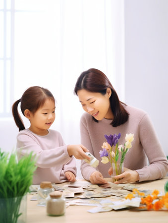 Generative AI : Happy smiling family mother and daughter making Halloween home decorations together while sitting at wooden table mom and little girl painting pumpkins and making pの素材