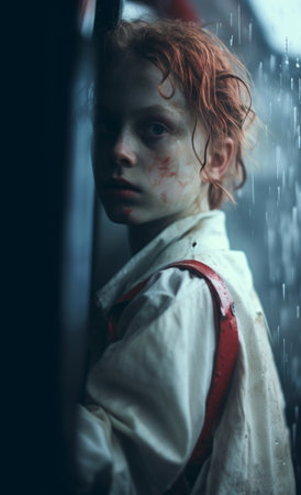 Generative AI : Side view of funny boy in raincoat and boots carrying umbrella on shoulder while walking against red backdrop on rainy dayの素材