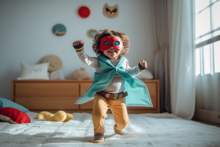 Generative AI : Full body of little boy in red superhero cloak and mask raising hand while playing with funny dog dressed in similar costume in living room at homeの素材
