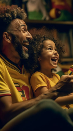 Generative AI : Interested young man and woman in casual clothes sitting on couch with daughter cheering on favorite football team and eating yummy popcorn from bowl while watchingの素材