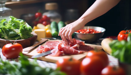 Generative AI : Human hands cooking vegetables salad in kitchenの素材