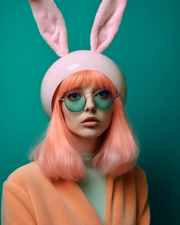 Generative AI : Cheerful young female in casual clothes and bunny ears on head smiling andcovering eyes with colorful painted eggs against blue backgroundの素材