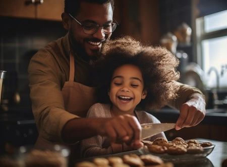 Generative AI : happy family in kitchen Father and child daughter knead dough and bake the biscuits togetherの素材