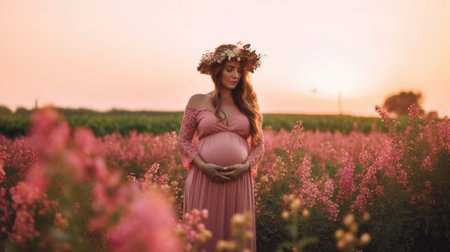 Generative AI : beautiful pregnant woman in wreath relaxing in the summer nature meadow with sunsetの素材