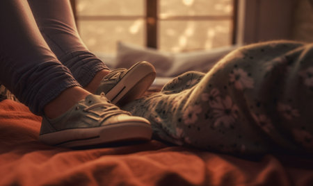 Generative AI : foots of happy couple in love on a winter morning in bedの素材