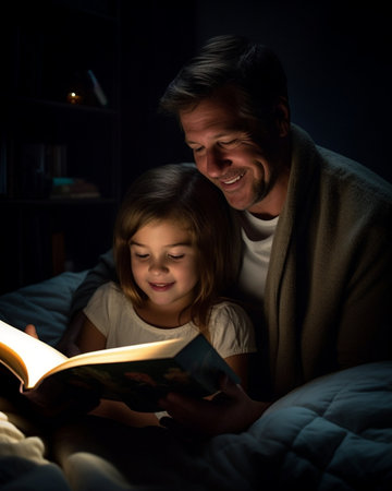 Generative AI : happy family father and child daughter reading book in bedの素材