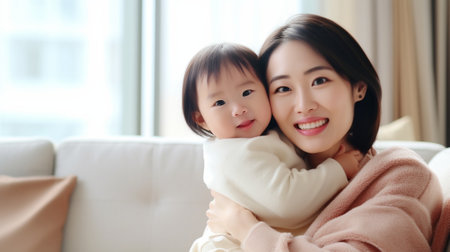 Generative AI : happy family mother and baby daughter hugging and enjoy lifeの素材