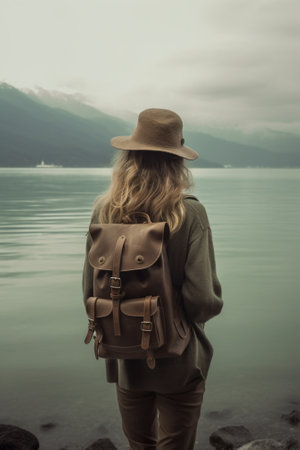 Generative AI : happy tourist girl with a backpack and hat on seaの素材