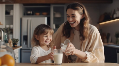 Generative AI : Glad woman smiling and pouring fresh milk for cheerful boy during breakfast in kitchen at homeの素材