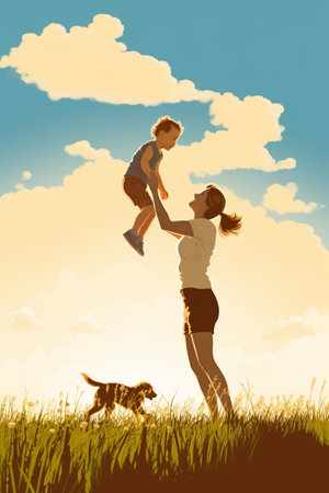 Generative AI : happy family Mother throws up and kissing baby in the sky in natureの素材