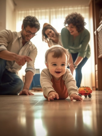 Generative AI : happy family mother father and son child baby at homeの素材