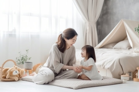 Generative AI : Happy family mother and child daughter play and laugh in bedの素材