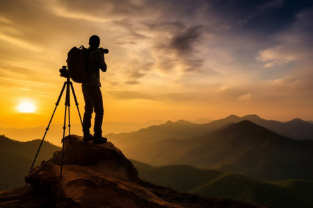 Generative AI : travel photographer man traveler with camera in mountains at sunset in natureの素材