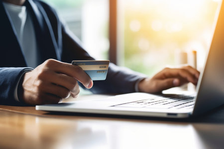 Generative AI : Cropped shot of business professional man holding in hand credit bank card and paying online while sitting at cafe table with laptop using internet banking during fの素材