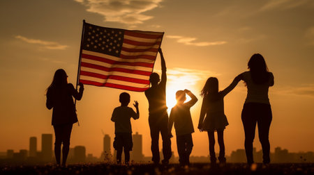 Generative AI : happy family with the flag of america USA at sunset outdoorsの素材