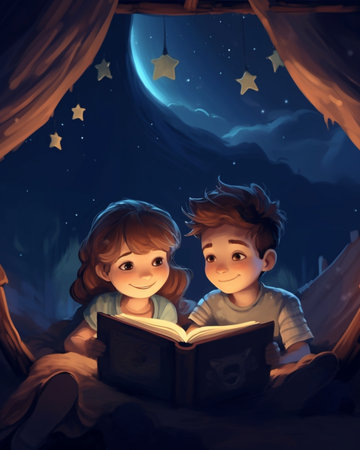 Generative AI : children brother and sister read a book with flashlight under blanket in bedの素材