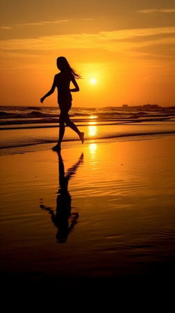 Generative AI : morning jog young woman running on the beach on the coast of the Seaの素材