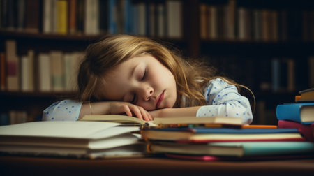 Generative AI : tired child little girl fell asleep for booksの素材