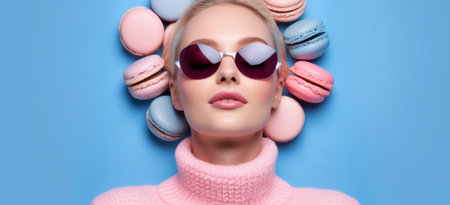 Generative AI : Cheerful young female in casual clothes and bunny ears on head smiling andcovering eyes with colorful painted eggs against blue backgroundの素材