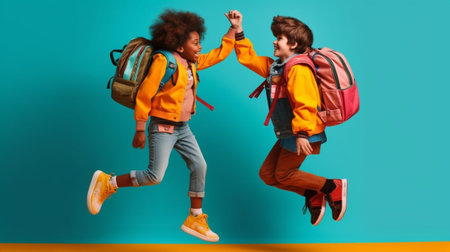 Generative AI : Group of funny excited classmates girls and boys with multicolored backpacks and copybooks having fun enjoying school time together jumping up in air on blue studioの素材