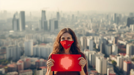Generative AI : From above adult woman putting on medical mask of little girl while standing on city street during coronavirus pandemicの素材