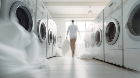 Generative AI : laundry concept dirty clothes flies into the washing machineの素材