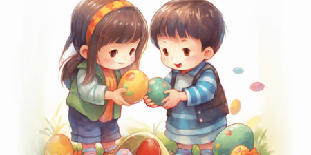 Generative AI : Happy easter children girl and boy paints eggsの素材