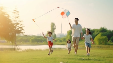 Generative AI : Happy family father and children launch a kite on nature at sunsetの素材