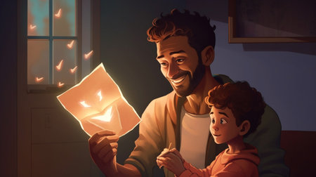 Generative AI : Happy african american father receiving gift for fathers day from little kid son cute curly boy giving handmade greeting card with hand drawn heart to dad for birthの素材