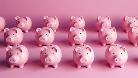 Generative AI : financial planning happy family mother father and children with piggy Bank on pink backgroundの素材
