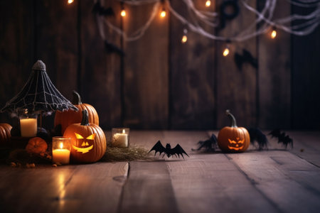 Generative AI : legs of child girl in witch costume for Halloween with pumpkin Jack on a dark wooden backgroundの素材