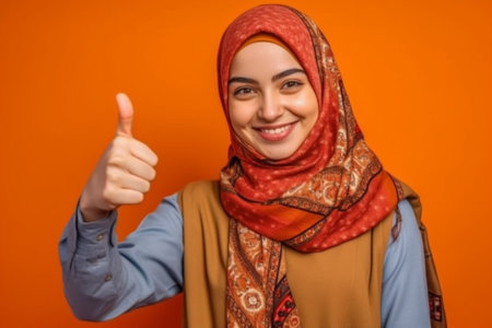 Generative AI : Professional woman doctor in muslim national hijab isolated on orange backgroundの素材
