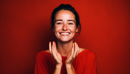 Generative AI : Happy young female in knitted sweater smiling with closed eyes and crossing fingers while making wish during Christmas celebration against red backgroundの素材