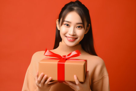 Generative AI : Positive young woman with wrapped present and decorated coniferous tree smiling and looking at camera on Christmas day against yellow backgroundの素材
