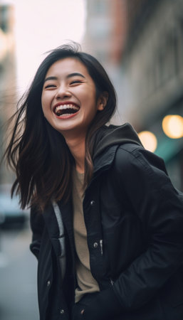 Generative AI : a happy laughing girl on a city walkの素材